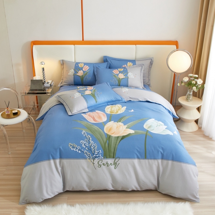 91家纺网 家纺一手货源 找家纺 金纱玉纺家纺 2024新款全棉大版印花13372四件套 浪漫柔情--蓝