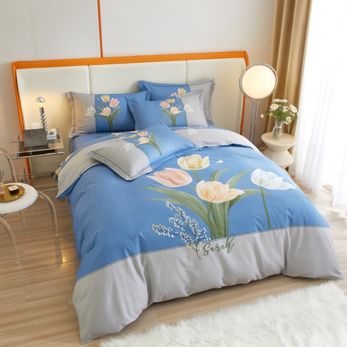 91家纺网 家纺一手货源 找家纺 金纱玉纺家纺 2024新款全棉大版印花13372四件套 浪漫柔情--蓝