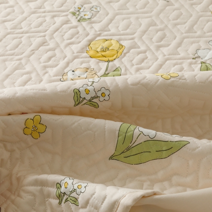 91家纺网 家纺一手货源 找家纺 忘忧草 2023新款全棉夹棉床笠纯棉印花小清新花卉系列 园林兔-玉