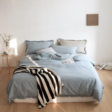 91家纺网 家纺一手货源 找家纺 新款13372全棉日系褶皱边四件套 薄蓝色