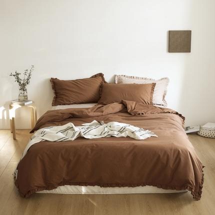 91家纺网 家纺一手货源 找家纺 新款13372全棉日系褶皱边四件套 焦茶色