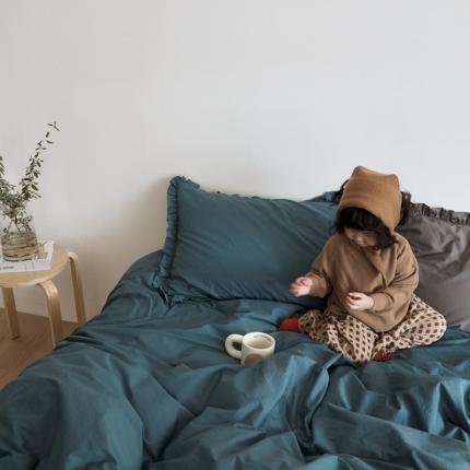 新款13372全棉日系褶皱边四件套 青蓝色