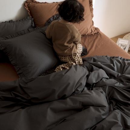 新款13372全棉日系褶皱边四件套 深羽黑