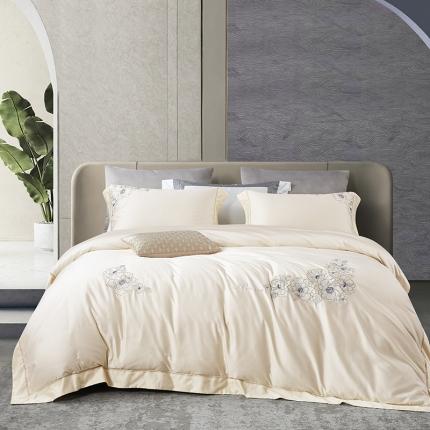 91家纺网 家纺一手货源 找家纺 爱情故事 2025新款居家140支轻奢贡缎长绒棉刺绣四件套 初夏（米白）