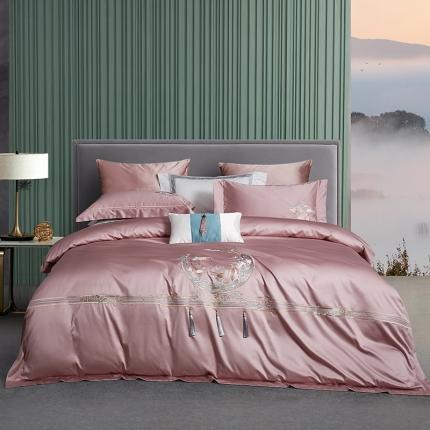 91家纺网 家纺一手货源 找家纺 爱情故事 2025新款居家140支轻奢贡缎长绒棉刺绣四件套 余生-豆沙