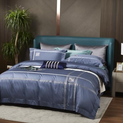 爱情故事 2025新款居家140支轻奢贡缎长绒棉刺绣四件套 初若-蓝