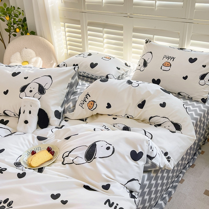 91家纺网 家纺一手货源 找家纺 百寐 2024小清新碎花卡通13372全棉四件套纯棉床单床笠款 爱心狗