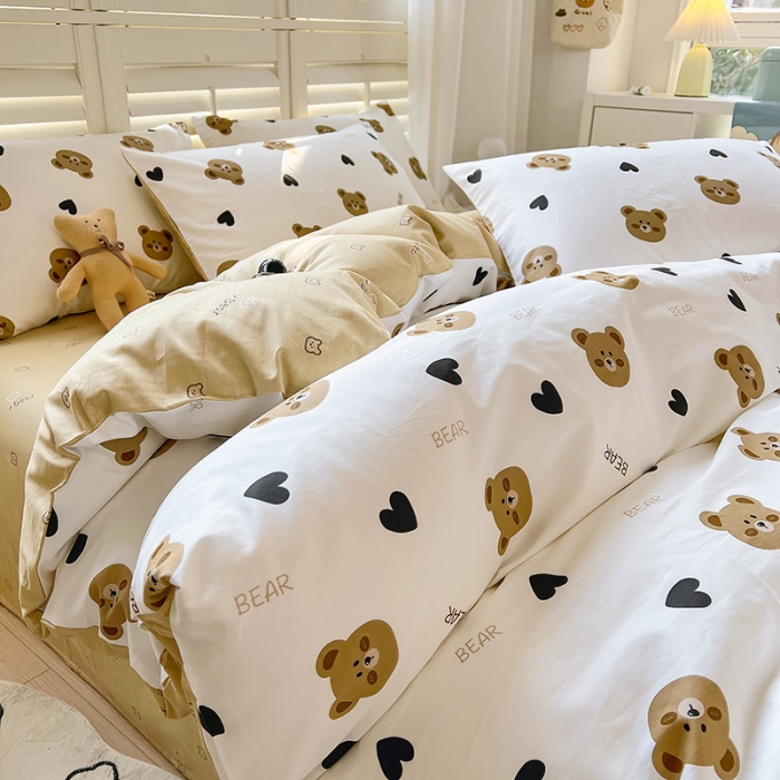 91家纺网 家纺一手货源 找家纺 百寐 2024小清新碎花卡通13372全棉四件套纯棉床单床笠款 心心熊