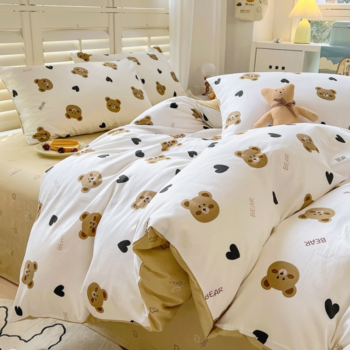 91家纺网 家纺一手货源 找家纺 百寐 2024小清新碎花卡通13372全棉四件套纯棉床单床笠款 心心熊