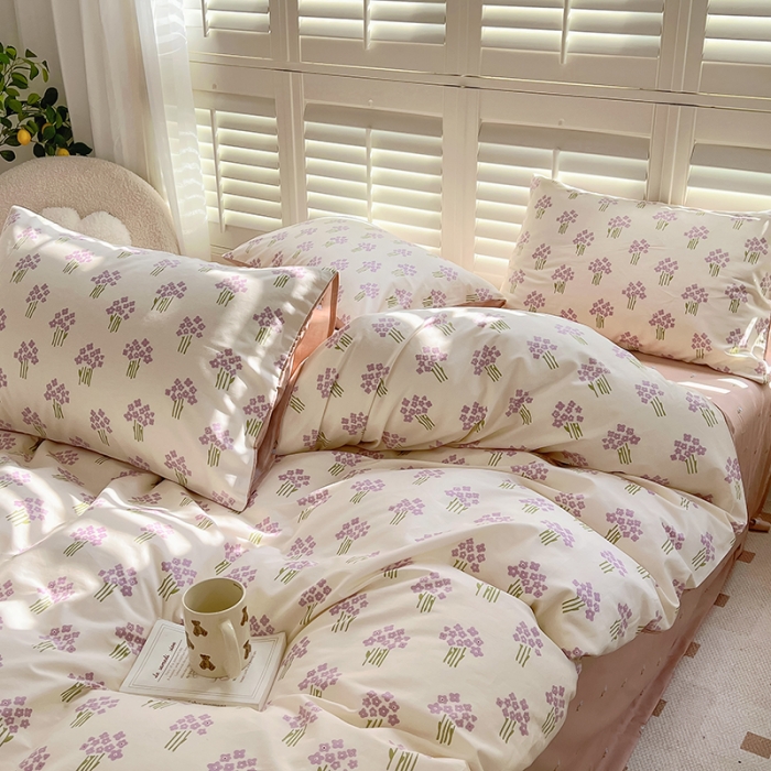 91家纺网 家纺一手货源 找家纺 百寐 2024小清新碎花卡通13372全棉四件套纯棉床单床笠款 紫薇