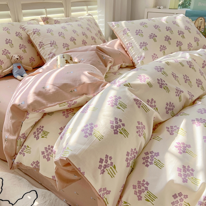 91家纺网 家纺一手货源 找家纺 百寐 2024小清新碎花卡通13372全棉四件套纯棉床单床笠款 紫薇