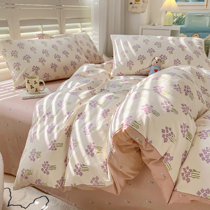 91家纺网 家纺一手货源 找家纺 百寐 2024小清新碎花卡通13372全棉四件套纯棉床单床笠款 紫薇