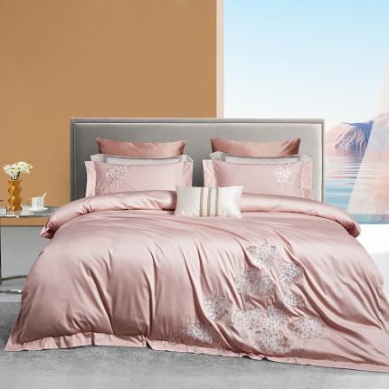 爱情故事 2025新款居家140支轻奢贡缎长绒棉刺绣四件套 满园-粉