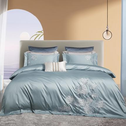 爱情故事 2025新款居家140支轻奢贡缎长绒棉刺绣四件套 满园-蓝