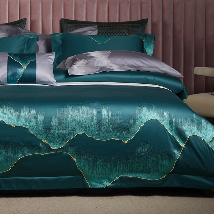 91家纺网 家纺一手货源 找家纺 爱情故事 2025新款居家140支轻奢贡缎长绒棉刺绣四件套 青城