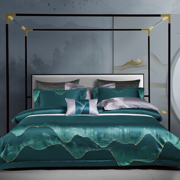 91家纺网 家纺一手货源 找家纺 爱情故事 2025新款居家140支轻奢贡缎长绒棉刺绣四件套 青城