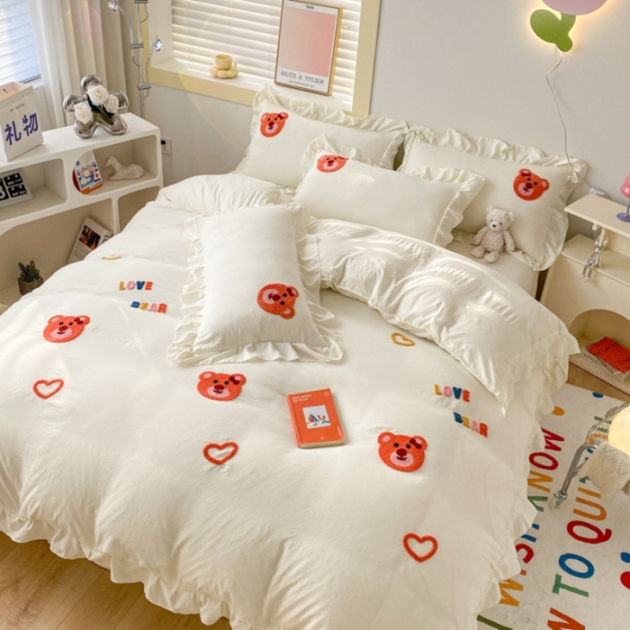 91家纺网 家纺一手货源 找家纺 （总）AB家纺 2023新款韩版水洗棉毛巾绣四件套-爱心熊