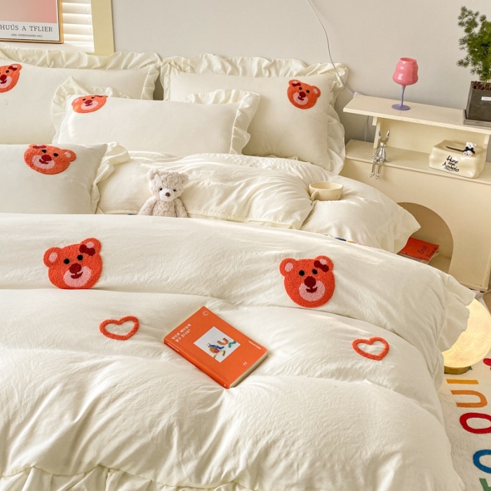 91家纺网 家纺一手货源 找家纺 （总）AB家纺 2023新款韩版水洗棉毛巾绣四件套-爱心熊