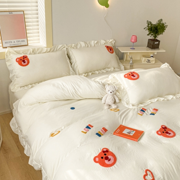 91家纺网 家纺一手货源 找家纺 （总）AB家纺 2023新款韩版水洗棉毛巾绣四件套-爱心熊