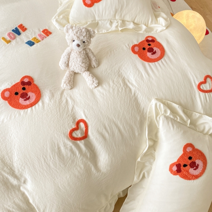 91家纺网 家纺一手货源 找家纺 （总）AB家纺 2023新款韩版水洗棉毛巾绣四件套-爱心熊