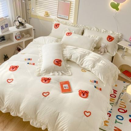 AB家纺 2023新款韩版水洗棉毛巾绣四件套-爱心熊 爱心熊-淡奶白