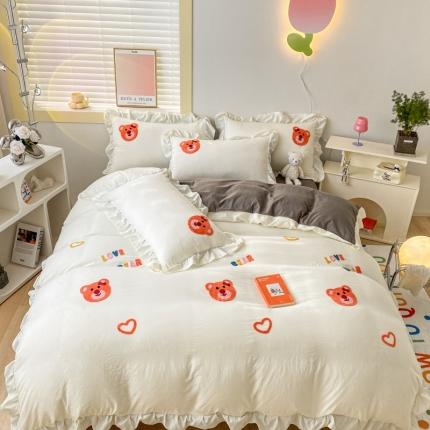 AB家纺 2023新款韩版水洗棉毛巾绣四件套-爱心熊 爱心熊-淡奶白灰