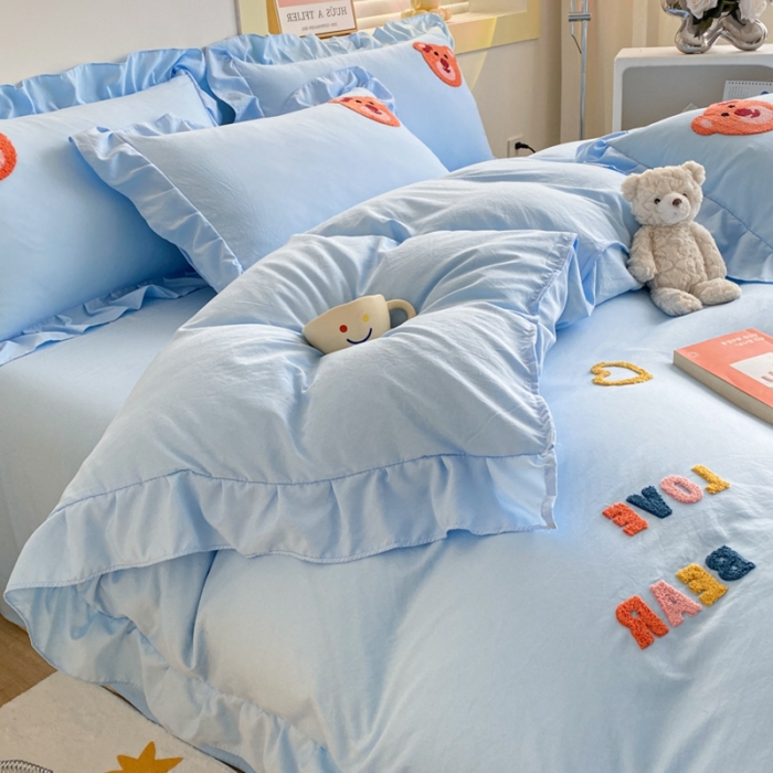 91家纺网 家纺一手货源 找家纺 AB家纺 2023新款韩版水洗棉毛巾绣四件套-爱心熊 爱心熊-天空蓝