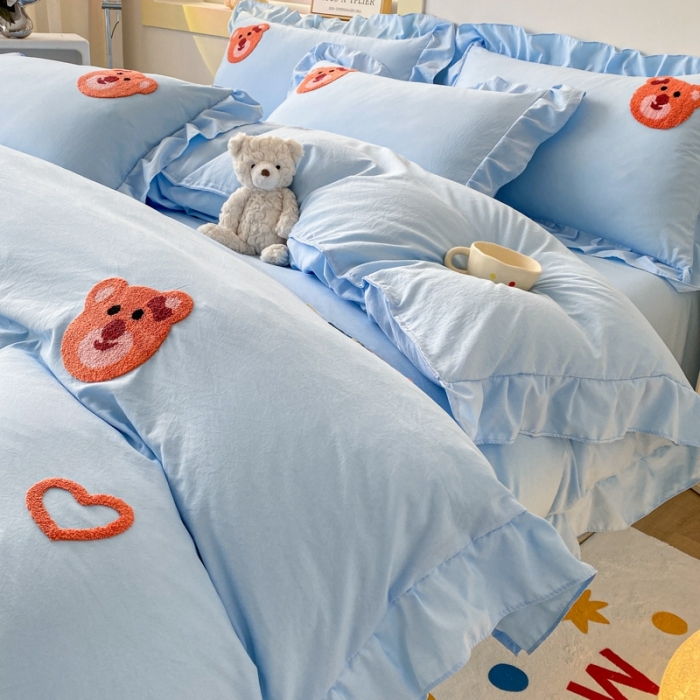 91家纺网 家纺一手货源 找家纺 AB家纺 2023新款韩版水洗棉毛巾绣四件套-爱心熊 爱心熊-天空蓝