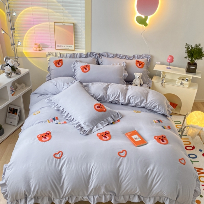 91家纺网 家纺一手货源 找家纺 AB家纺 2023新款韩版水洗棉毛巾绣四件套-爱心熊 爱心熊-紫灰