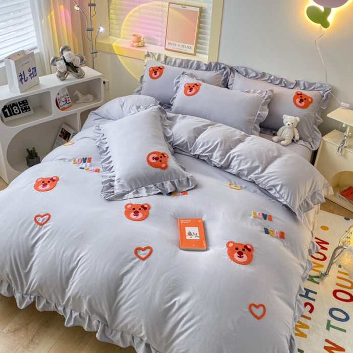 91家纺网 家纺一手货源 找家纺 AB家纺 2023新款韩版水洗棉毛巾绣四件套-爱心熊 爱心熊-紫灰