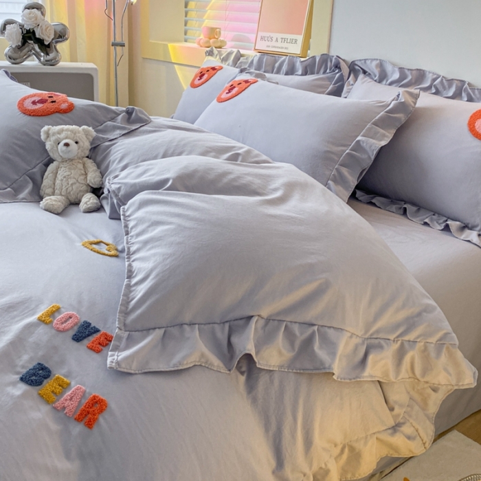 91家纺网 家纺一手货源 找家纺 AB家纺 2023新款韩版水洗棉毛巾绣四件套-爱心熊 爱心熊-紫灰