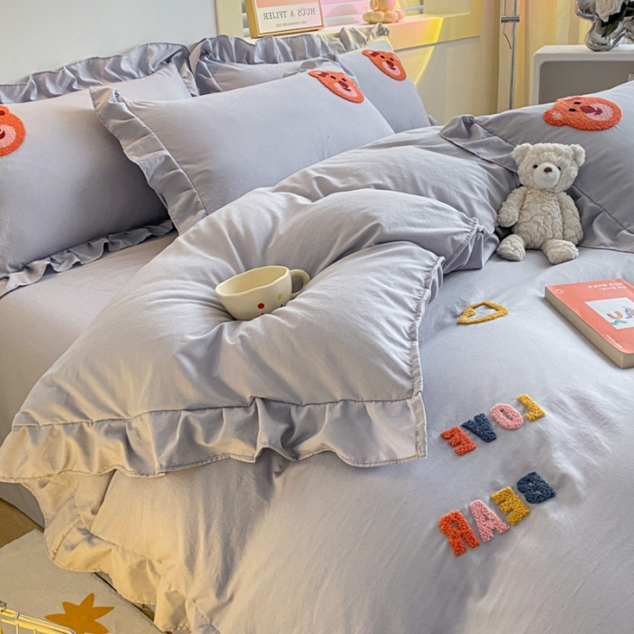 91家纺网 家纺一手货源 找家纺 AB家纺 2023新款韩版水洗棉毛巾绣四件套-爱心熊 爱心熊-紫灰