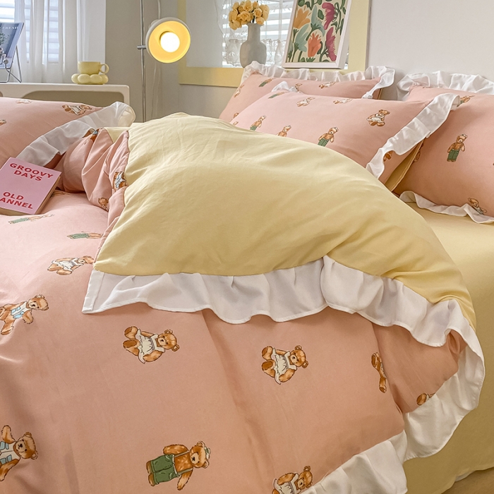 91家纺网 家纺一手货源 找家纺 澳梵  2023新款法式清新四件套-晚风告白 宝贝熊-粉