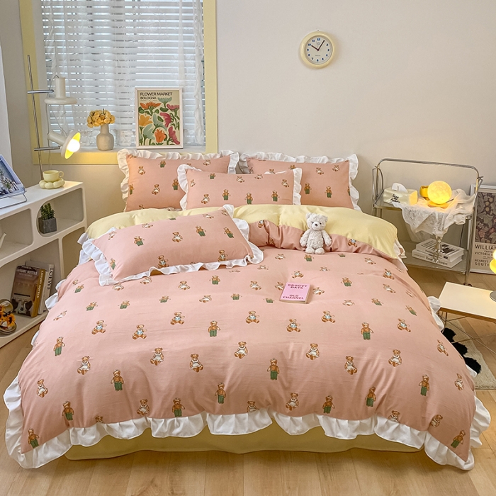 91家纺网 家纺一手货源 找家纺 澳梵  2023新款法式清新四件套-晚风告白 宝贝熊-粉