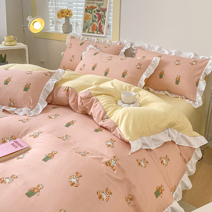 91家纺网 家纺一手货源 找家纺 澳梵  2023新款法式清新四件套-晚风告白 宝贝熊-粉