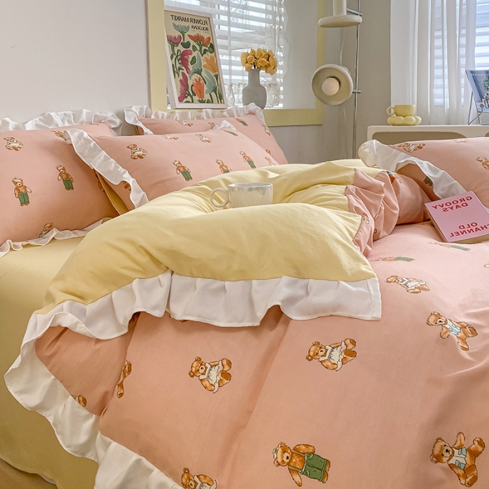 91家纺网 家纺一手货源 找家纺 澳梵  2023新款法式清新四件套-晚风告白 宝贝熊-粉