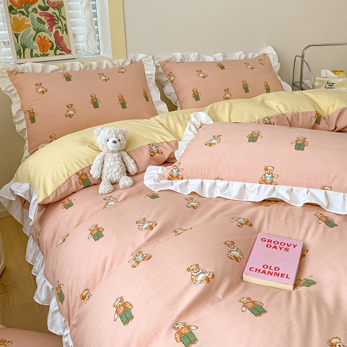 91家纺网 家纺一手货源 找家纺 澳梵  2023新款法式清新四件套-晚风告白 宝贝熊-粉