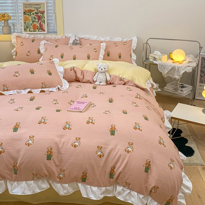 91家纺网 家纺一手货源 找家纺 澳梵  2023新款法式清新四件套-晚风告白 宝贝熊-粉