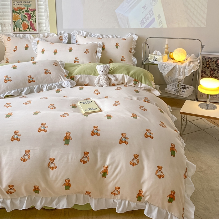 91家纺网 家纺一手货源 找家纺 澳梵  2023新款法式清新四件套-晚风告白 宝贝熊-绿