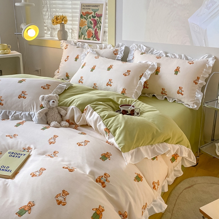 91家纺网 家纺一手货源 找家纺 澳梵  2023新款法式清新四件套-晚风告白 宝贝熊-绿