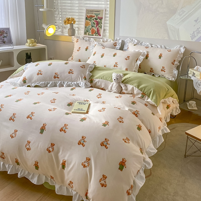 91家纺网 家纺一手货源 找家纺 澳梵  2023新款法式清新四件套-晚风告白 宝贝熊-绿