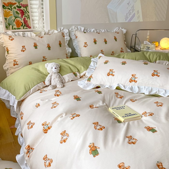 91家纺网 家纺一手货源 找家纺 澳梵  2023新款法式清新四件套-晚风告白 宝贝熊-绿