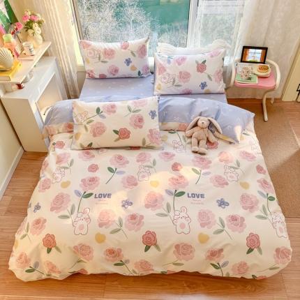 91家纺网 家纺一手货源 找家纺 沐辰 2023新款13372全棉印花四件套-萌趣系列 捧花兔兔