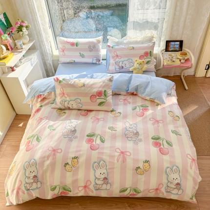 91家纺网 家纺一手货源 找家纺 沐辰 2023新款13372全棉印花四件套-萌趣系列 樱桃兔兔