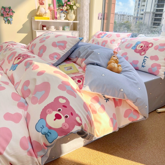 91家纺网 家纺一手货源 找家纺 沐辰 2023新款13372全棉印花四件套-萌趣系列 豹纹小熊粉