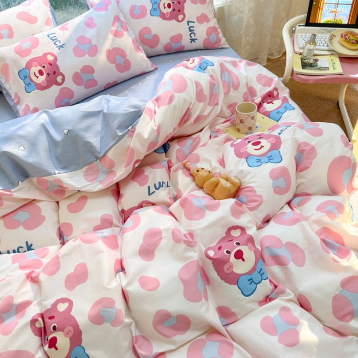 91家纺网 家纺一手货源 找家纺 沐辰 2023新款13372全棉印花四件套-萌趣系列 豹纹小熊粉