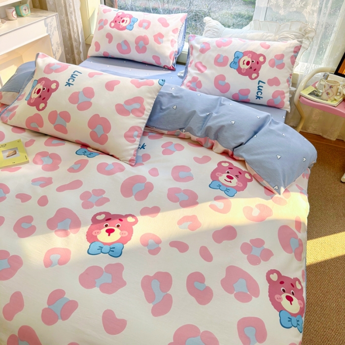 91家纺网 家纺一手货源 找家纺 沐辰 2023新款13372全棉印花四件套-萌趣系列 豹纹小熊粉