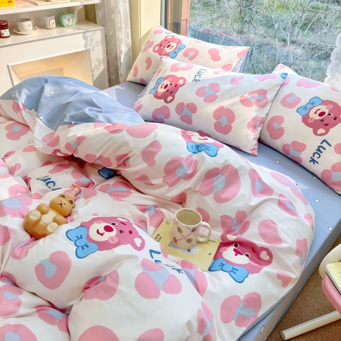 91家纺网 家纺一手货源 找家纺 沐辰 2023新款13372全棉印花四件套-萌趣系列 豹纹小熊粉