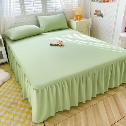 91家纺网 家纺一手货源 找家纺 极梦 2025新款纯色水洗棉磨毛单床裙三件套床垫保护套 草绿色