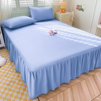 91家纺网 家纺一手货源 找家纺 极梦 2025新款纯色水洗棉磨毛单床裙三件套床垫保护套 天极蓝